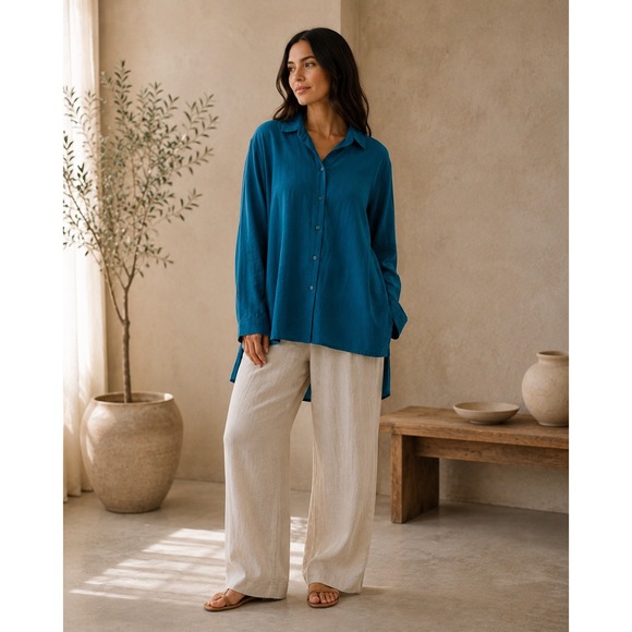 Eileen Fisher Tops - Eileen Fisher 3X Teal Organic Linen Button Front Tunic Shirt Oversized